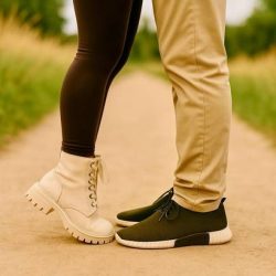 Nahaufnahme von Beinen und Schuhen eines Paares das sich gegenüber steht, fotografiert in der Natur von Essence of Love