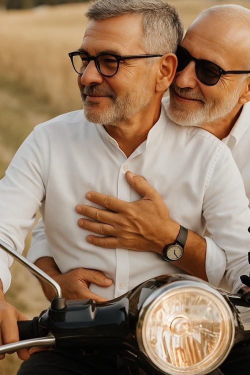 Männerliebespaar auf dem Motorrad - ein glücklicher Moment bei einem Paar-Fotoshooting festgehalten